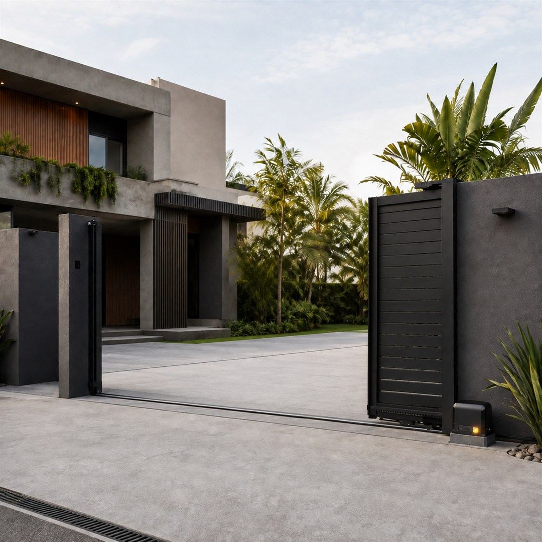 Portão automático aberto em residência contemporânea
